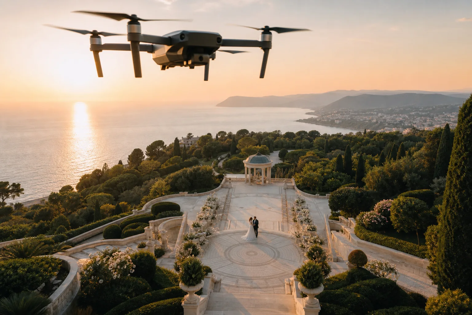 Düğün mekanını ve çifti havadan görüntüleyen drone